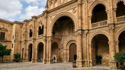 Naklejka premium Ornate Arches and Facade of Historic Building, Salamanca Plaza Mayor Architecture Outdoors