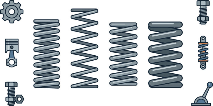 Metal coil spring vector illustration with industrial gear piston bolt nut shock absorber suspension lever icon set