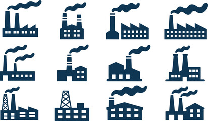 Industrial factory building icon vector set with smoking chimneys plant construction manufacturing structures and production warehouse elements © Yesrath Hasan Sobuj