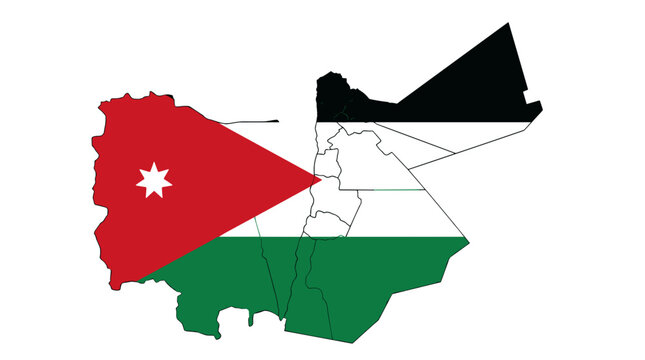 Jordan map with flag and outline showing geographic borders and national symbols