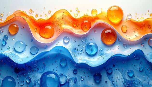 gocce di un liquido color arancione ed azzurro su una superficie bianca e caotica