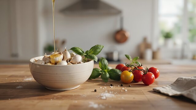 Bowl of garlic and basil with oil pouring over it next to cherry tomatoes on kitchen counter  healthy food ingredients