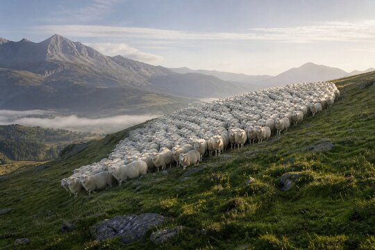 Flock of sheep gathered on hillside like a white cloud, morning light.