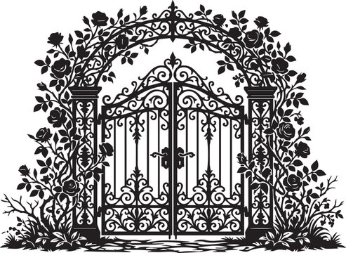 Ornate wrought iron garden gate silhouette framed by climbing rose flowers and vintage archway design for elegant estate entrance.