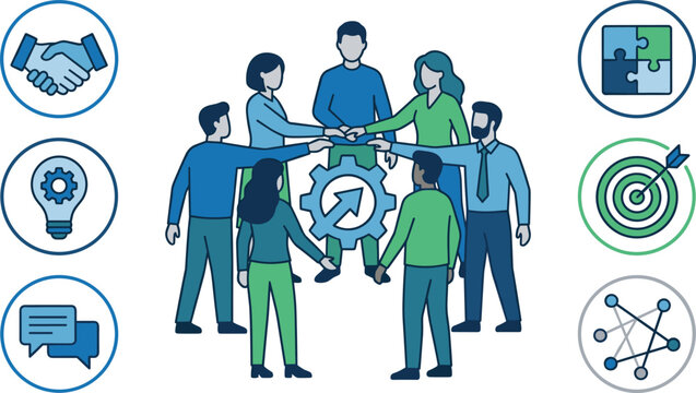 Business teamwork collaboration vector icon set with people joining hands gear puzzle target handshake network chat bulb