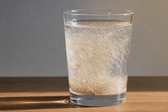 A glass of water with psyllium husk fibers creating organic swirls, lit from the side on a wooden table.