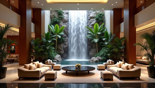 Luxury lobby with giant indoor rock waterfall, tropical palm plants and symmetric cream sofas