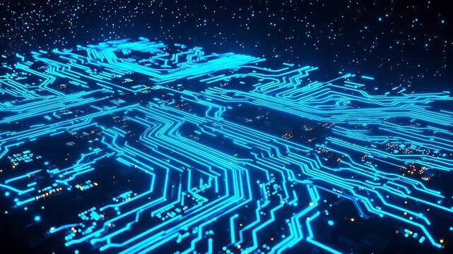 Blue glowing circuit board in space
