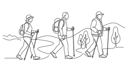 Obraz premium Continuous line drawing of people hiking.