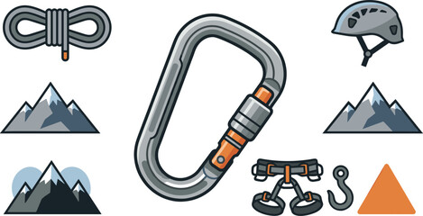 Rock climbing gear vector icons set with carabiner mountain peaks helmet rope harness safety extreme sport adventure © MdNipon