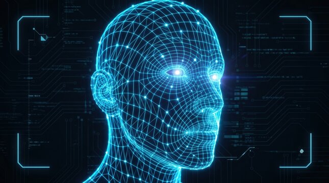 Glowing blue wireframe human head in dark background with futuristic neon lights