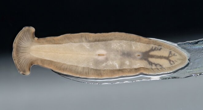Transilluminated ventral view of hammerhead flatworm showing creeping sole and mouth opening