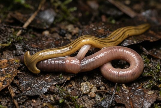 Predatory flatworm wrapping around earthworm and extruding mid ventral pharynx to feed