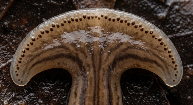 Extreme macro of halfmoon head shape and marginal eyespots on terrestrial flatworm
