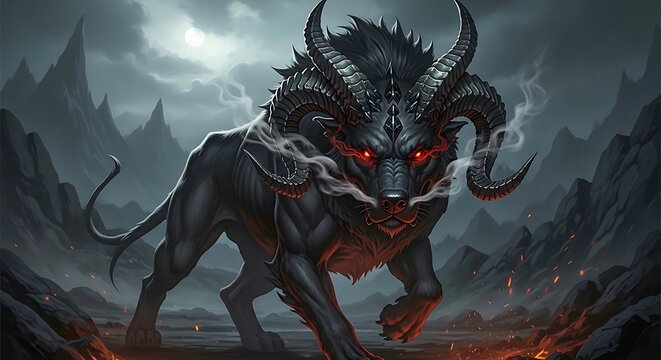 Mythical black demonic creature with glowing red eyes and horns in a dark, fiery landscape isolated on white background
