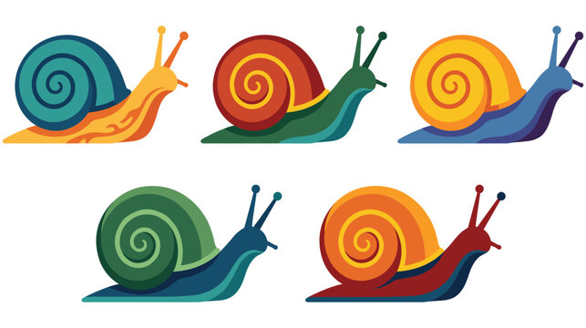 Set of colorful snails with spiral shells in various flat vector styles.