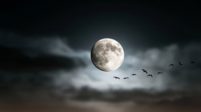 Full moon illuminating atmospheric night clouds, flock of birds flying past lunar disk, captivating celestial moment