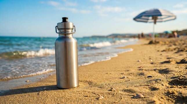 Botella reutilizable en entorno playero veraniego ideal para campa&ntilde;as ecol&oacute;gicas y branding.