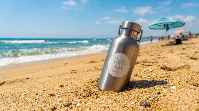 Botella reutilizable en entorno playero veraniego ideal para campa&ntilde;as ecol&oacute;gicas y branding.