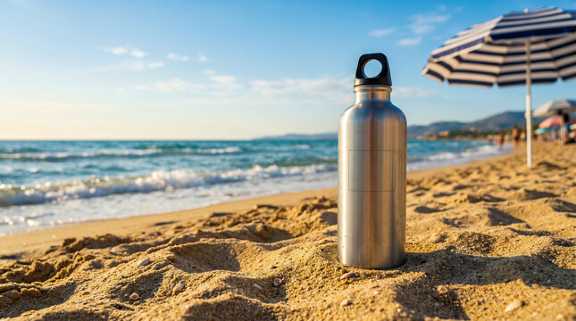 Botella reutilizable en entorno playero veraniego ideal para campa&ntilde;as ecol&oacute;gicas y branding.