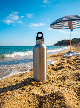 Botella reutilizable en entorno playero veraniego ideal para campa&ntilde;as ecol&oacute;gicas y branding.