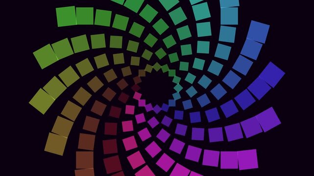 Abstract rainbow square spiral motion background, colorful geometric rotating pattern loop