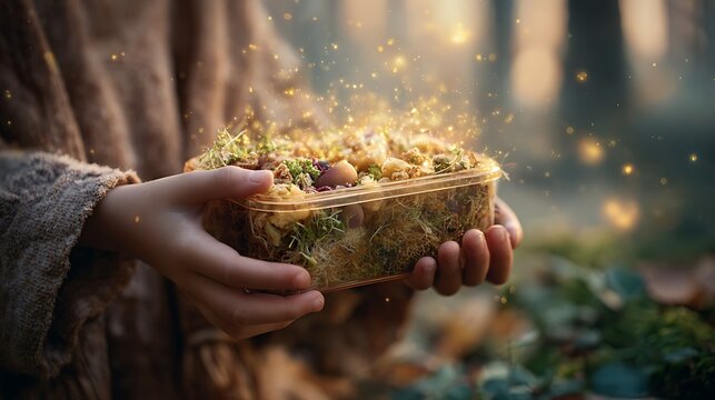 Child's hands cradling a container of illuminated food, forest setting. Bokeh particles sparkle