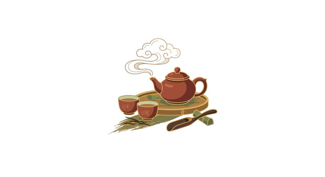 Traditional Chinese Tea Set with Steaming Teapot and Cups on Bamboo Tray