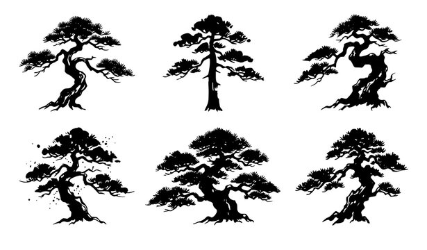 Japanese Pine Tree Ink Painting Collection Vector Set with Multiple Traditional Styles