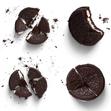 Chocolate cookie crumbs texture, broken biscuit top view