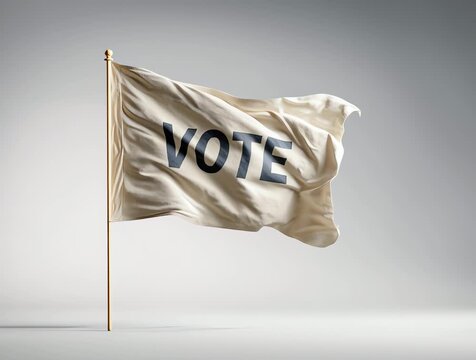 White flag waving with bold vote text symbolizing election and participation