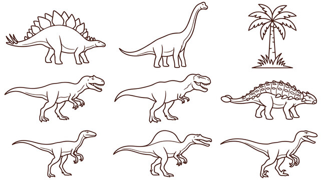 Dinosaur collection with prehistoric creatures and tropical palm tree.