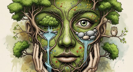 Obraz premium Close-up of a detailed green monster face with leaves.