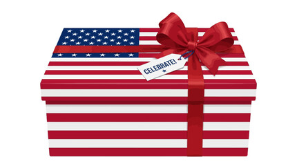 Fototapeta premium American flag gift box, patriotic present, red white blue striped box, gift box with bow