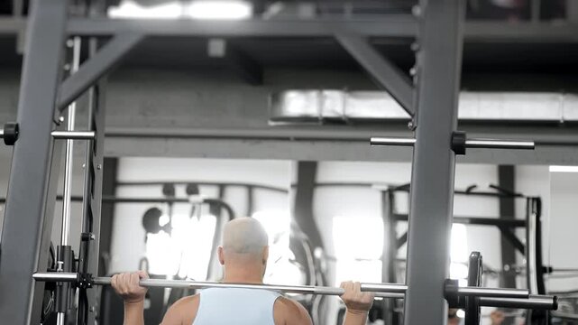 Athletic man performing squats with barbell in a Smith machine at gym. Strength training, bodybuilding and fitness workout concept.