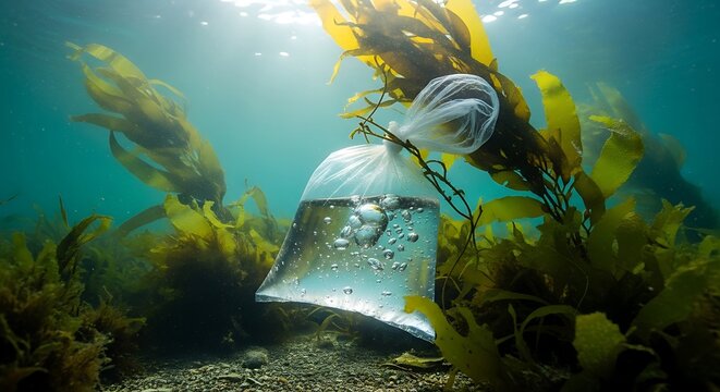 Old metal bell resting on the ocean floor surrounded by green seaweed and sea plants