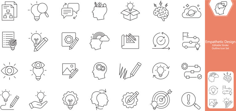 Empathetic Design Line Editable Stroke Icons set. creativity, design, thinking, innovation, brainstorming, imagination.