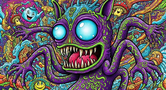 Colorful monster with glowing eyes and sharp teeth in a psychedelic doodle art style