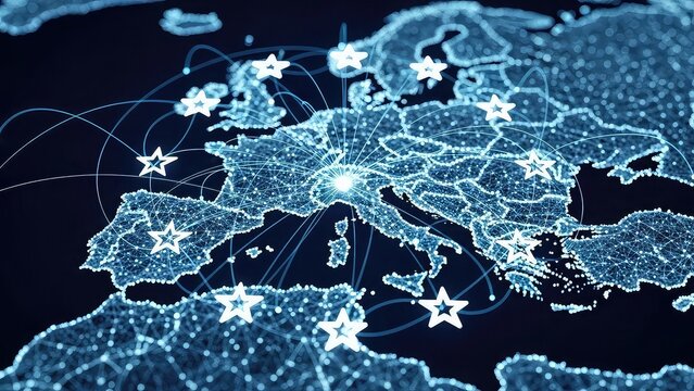 European network map with glowing connections