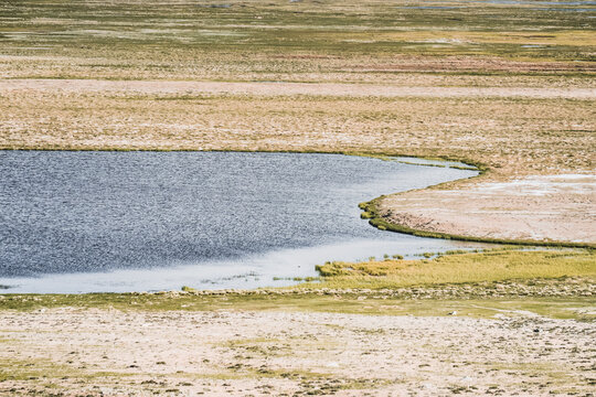 A Pamir Mountains landscape in a valley with green grassy meadows and pastures, clear lakes and rivers with blue water in the Tien Shan Mountains, landscape texture for the background