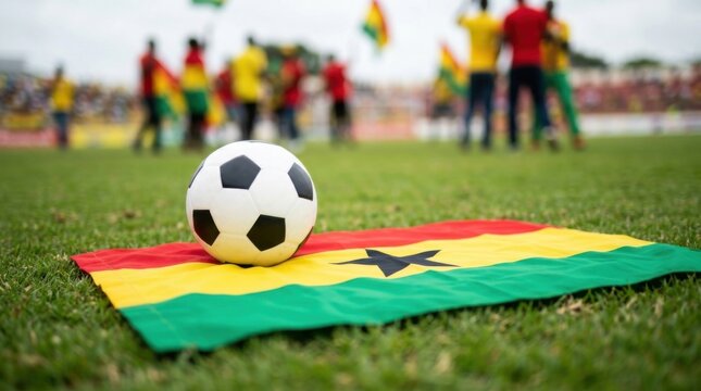 Soccer ball on ghana flag in a stadium