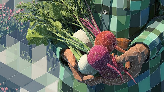 A person with checkered shirt holds a bunch of root vegetables