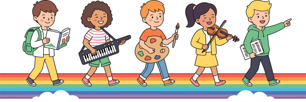 Happy Creative School Children Vector Character Set Walking on Rainbow with Book Keytar Painting Palette Violin and Tablet for Education Designs