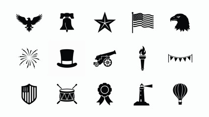 Obraz premium Patriotic set of american themed icons featuring eagles liberty bells stars and flags.