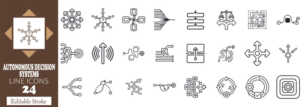 Autonomous Decision Systems Line Icons Vector Set, AI Algorithm Logic Process, Flowchart and Automation Symbols with Editable Stroke