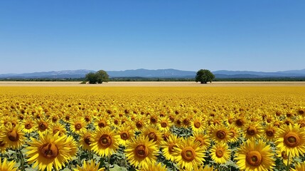 Obraz premium Vast sunflower field blooming under a clear blue sky, golden yellow flowers creating a beautiful agricultural scene