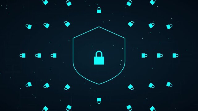 Cyber security shield animation with floating padlock for data protection and network safety concept
