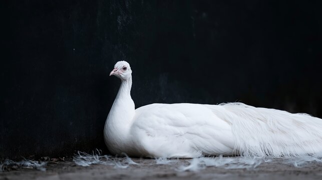 White peacock resting, vibrant feathers contrasting dark background, peaceful bird representing purity and elegance
