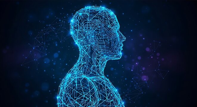 Blue glowing neural network brain visualization.