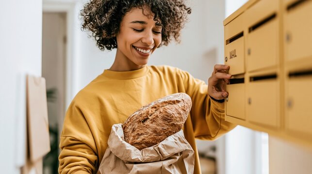 Smiling woman checking mailboxes, holding a paper bag with fresh bread, enjoying everyday residential lifestyle